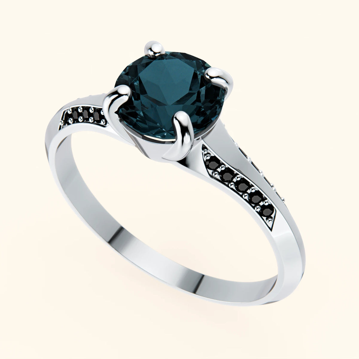 Pierścionek zaręczynowy Délié – Topaz London Blue 0,85 ct, kamienie boczne: czarny diament