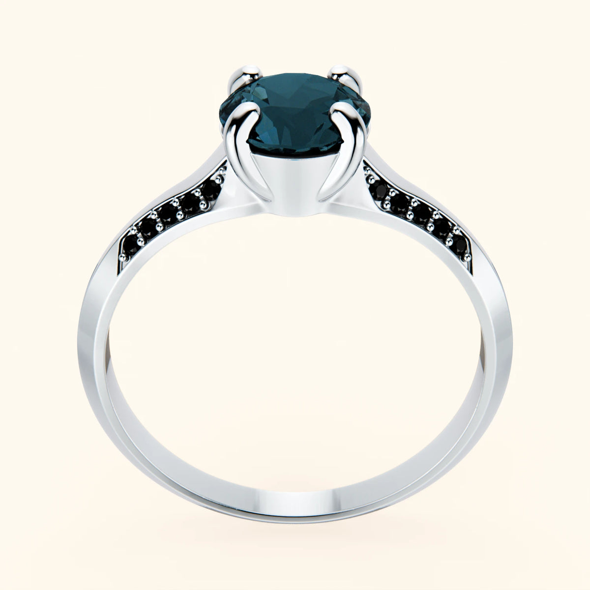 Pierścionek zaręczynowy Délié – Topaz London Blue 0,85 ct, kamienie boczne: czarny diament
