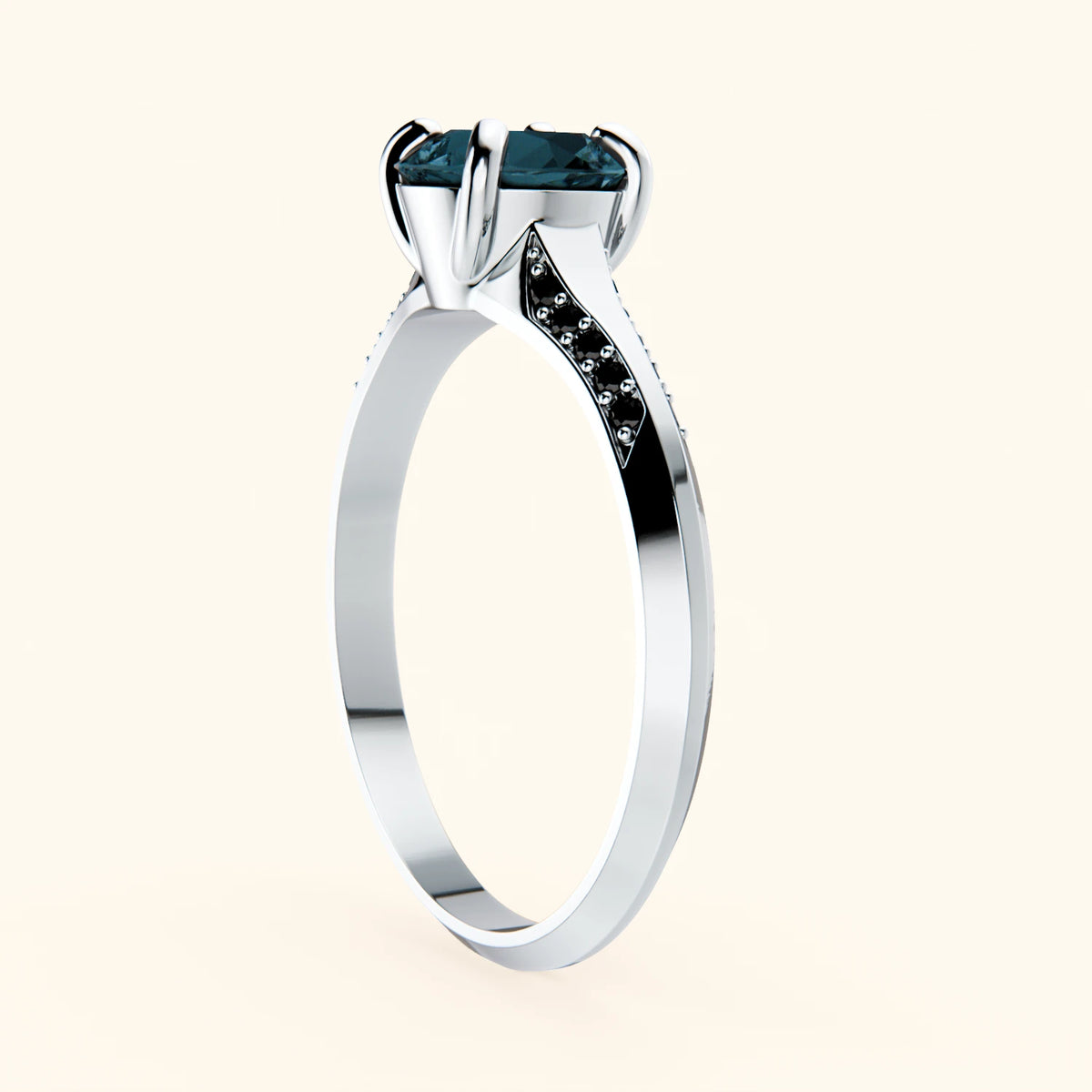 Pierścionek zaręczynowy Délié – Topaz London Blue 0,85 ct, kamienie boczne: czarny diament
