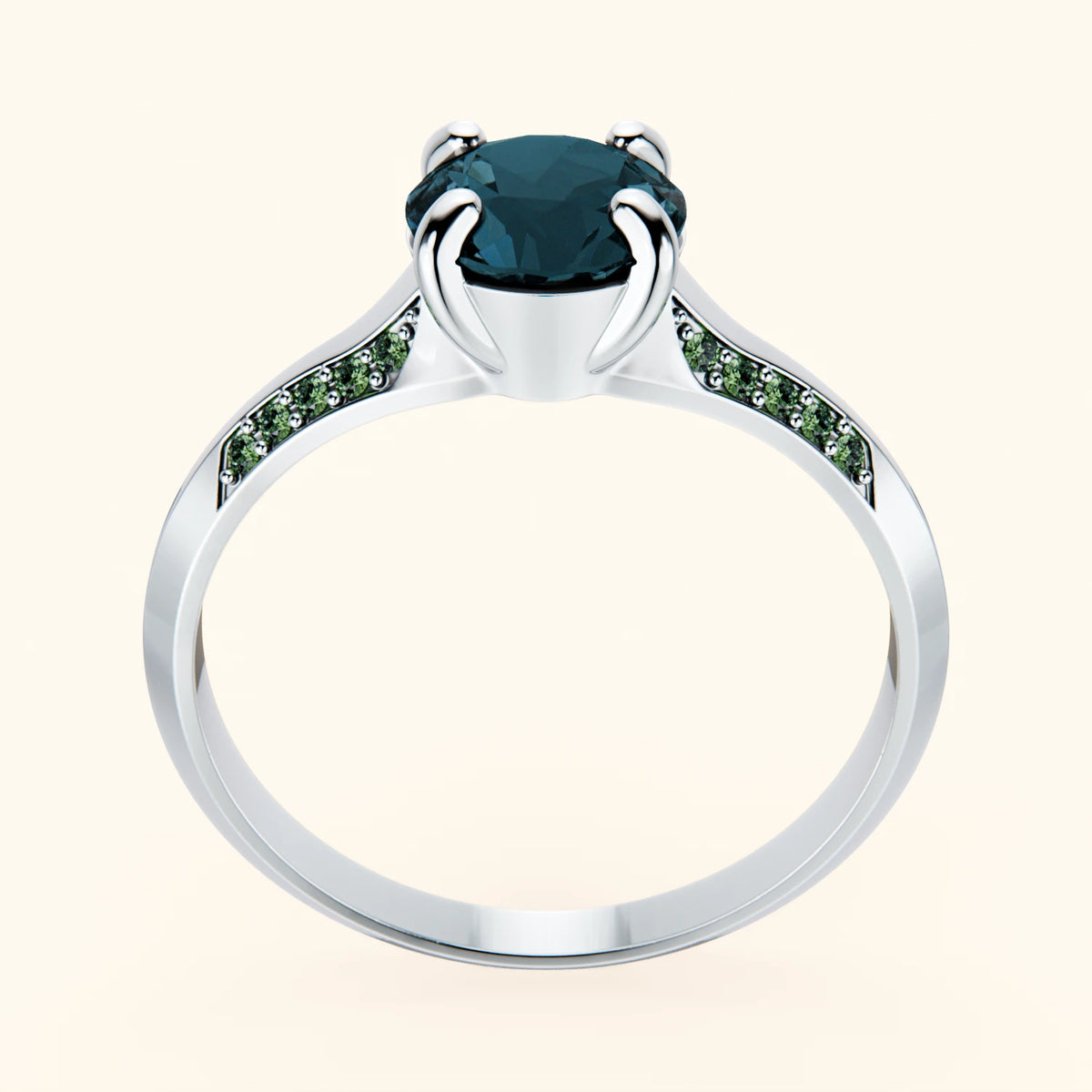 Pierścionek zaręczynowy Délié – Topaz London Blue 0,85 ct, kamienie boczne: zielony diament laboratoryjny