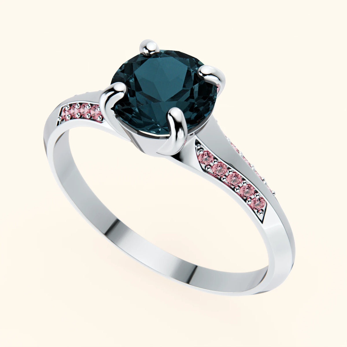 Pierścionek zaręczynowy Délié – Topaz London Blue 0,85 ct, kamienie boczne: różowy diament laboratoryjny