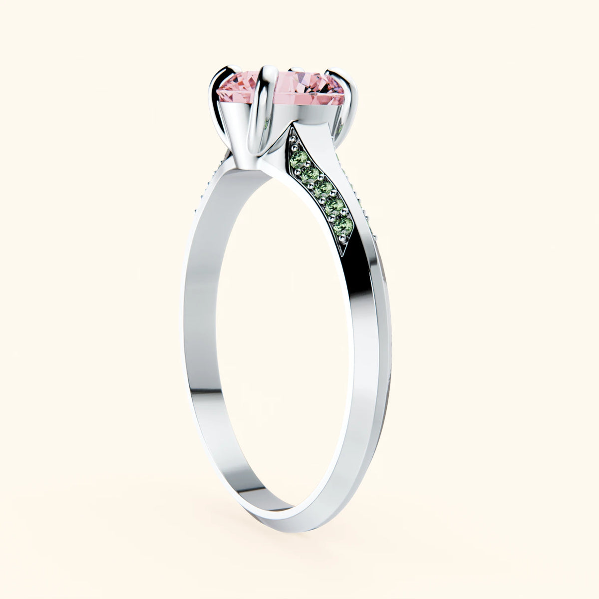 Engagement Ring Délié - 1ct Lab Pink Diamond with Lab Green Diamond Side Stones
