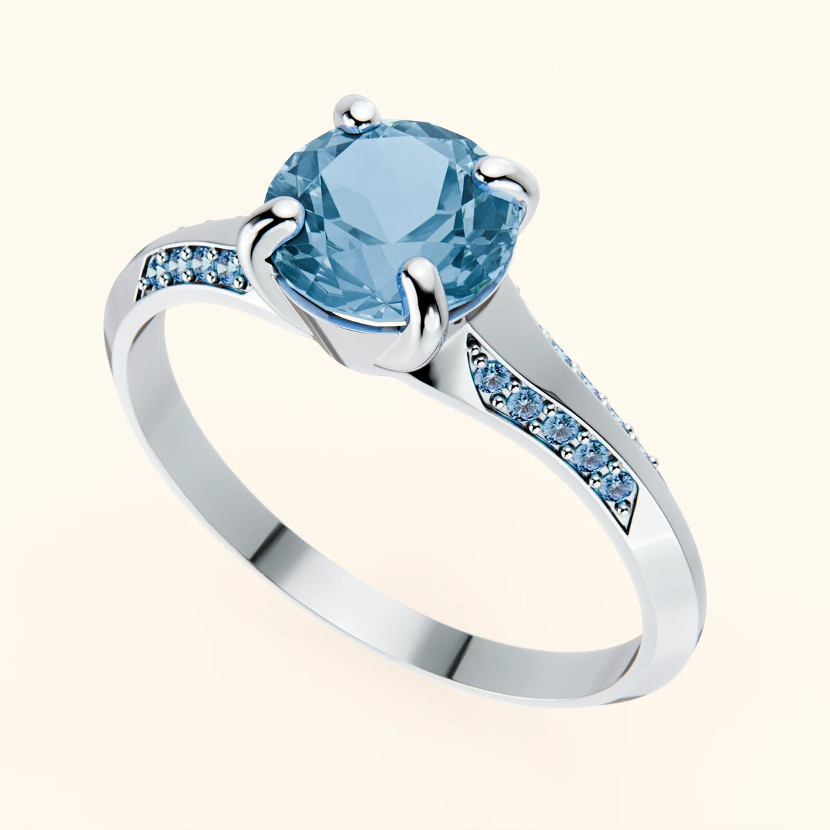Engagement Ring Délié - 0.85ct Swiss Blue Topaz with Lab Blue Diamond Side Stones