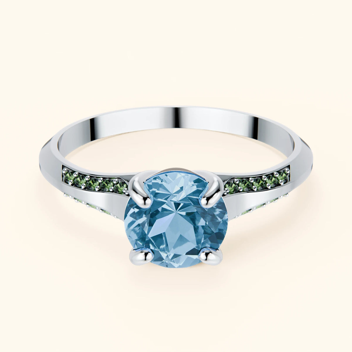 Engagement Ring Délié - 0.85ct Swiss Blue Topaz with Lab Green Diamond Side Stones