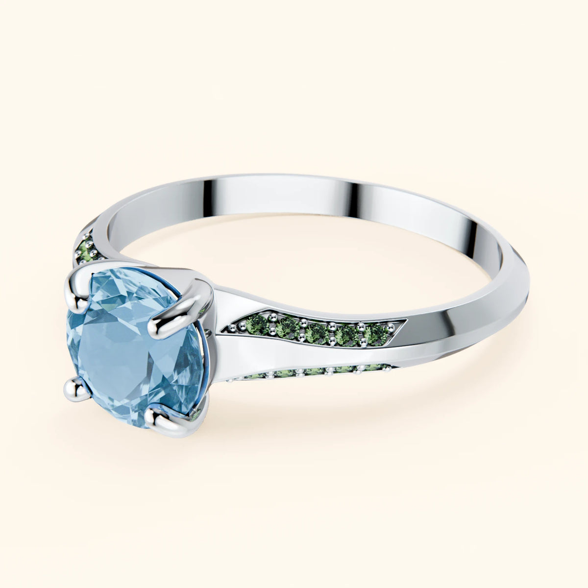 Engagement Ring Délié - 0.85ct Swiss Blue Topaz with Lab Green Diamond Side Stones