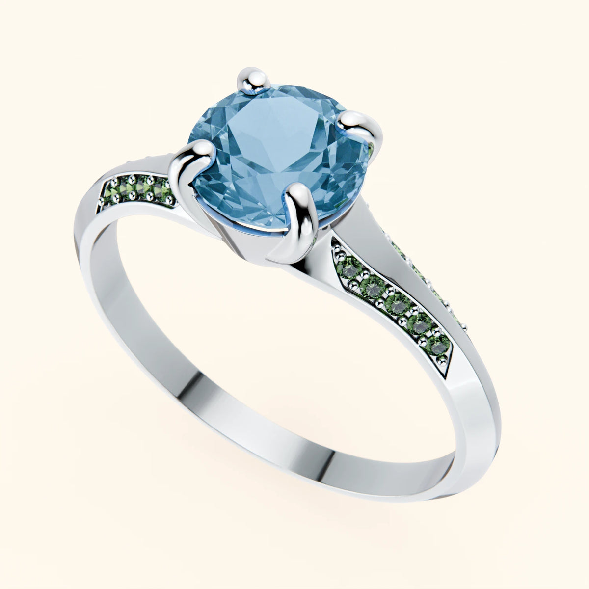 Engagement Ring Délié - 0.85ct Swiss Blue Topaz with Lab Green Diamond Side Stones