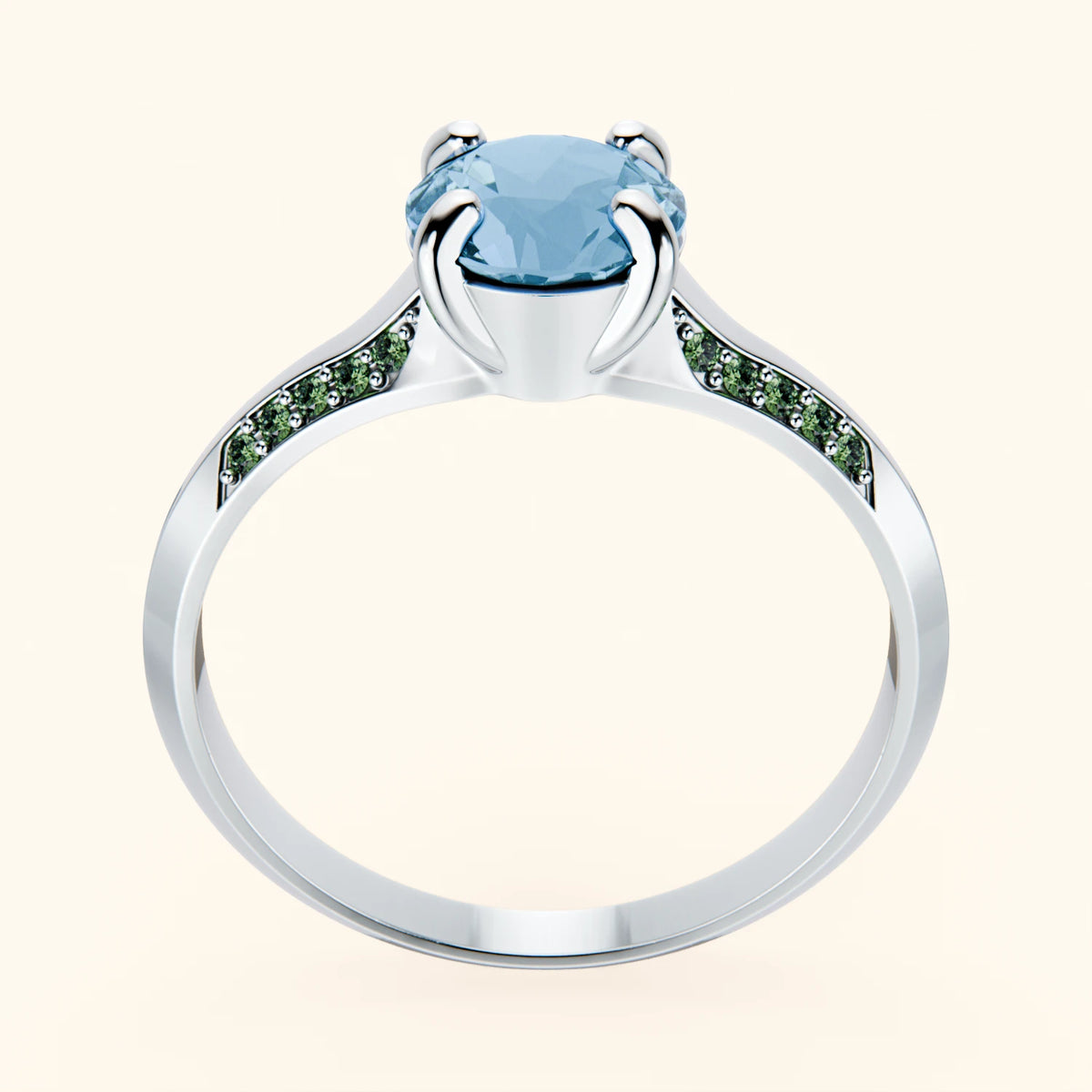 Engagement Ring Délié - 0.85ct Swiss Blue Topaz with Lab Green Diamond Side Stones