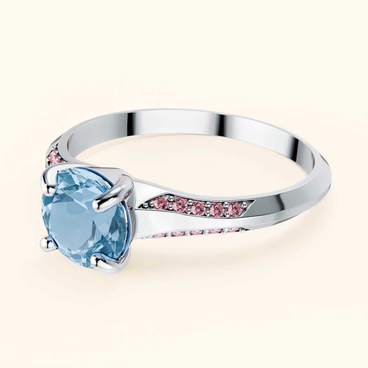Engagement Ring Délié - 0.85ct Swiss Blue Topaz with Lab Pink Diamond Side Stones