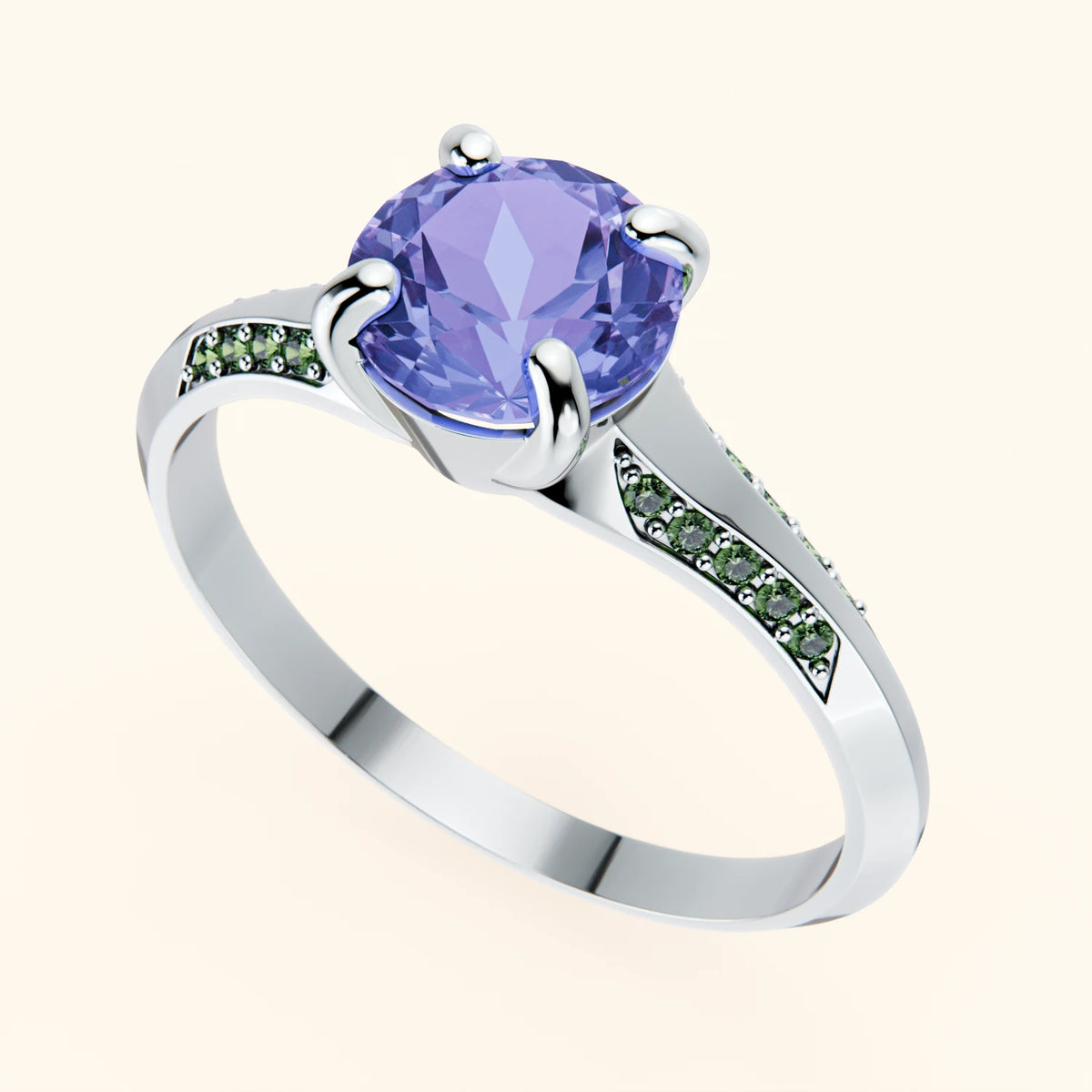 Engagement Ring Délié - 0.80ct Tanzanite with Lab Green Diamond Side Stones