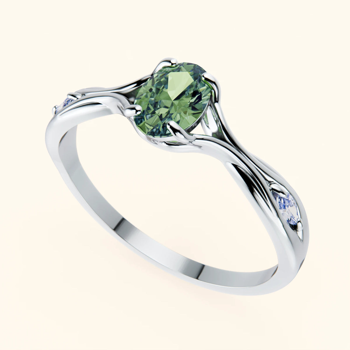 Engagement Ring Diademe - 0.4ct Lab Green Diamond with Lab Diamond Side Stones