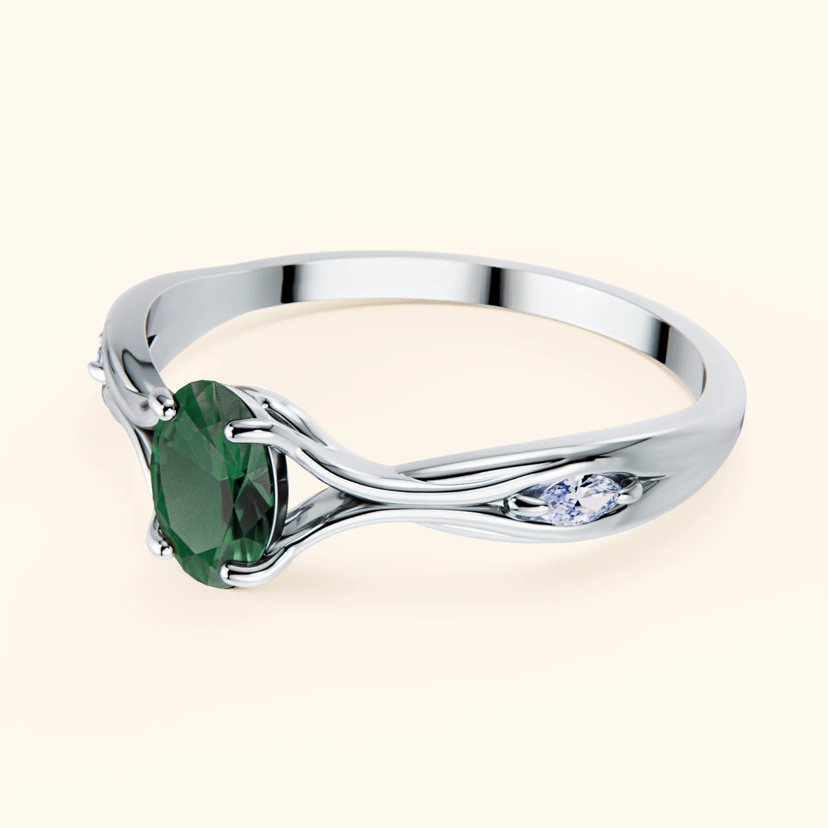 Engagement Ring Diademe - 0.4ct Lab Emerald with Lab Diamond Side Stones