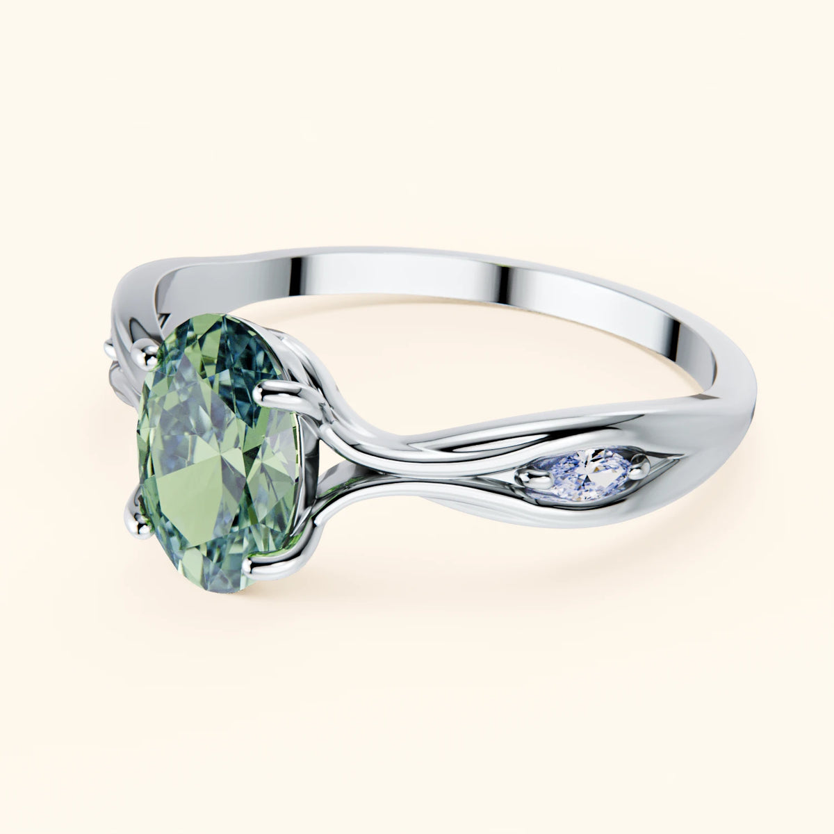 Engagement Ring Diademe - 1.25ct Lab Green Diamond with Lab Diamond Side Stones