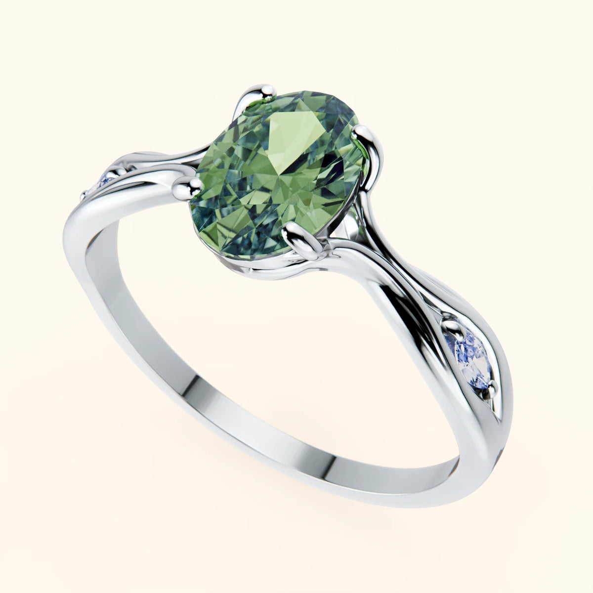 Engagement Ring Diademe - 1.25ct Lab Green Diamond with Lab Diamond Side Stones