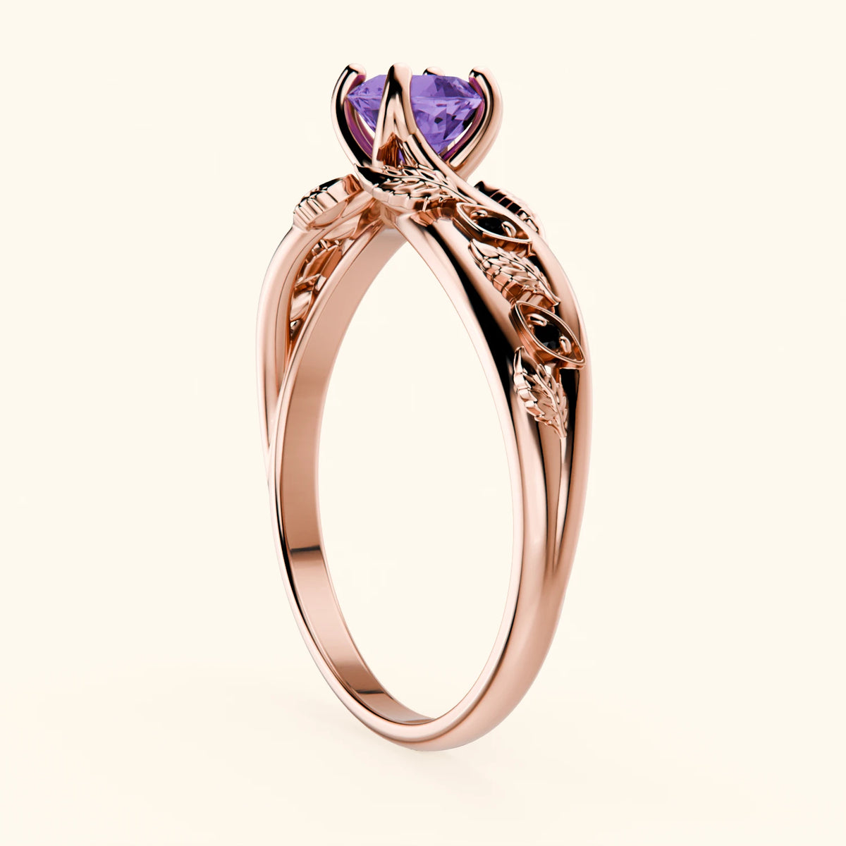 Engagement Ring Frêne - 0.38ct Amethyst with Black Diamond Side Stones