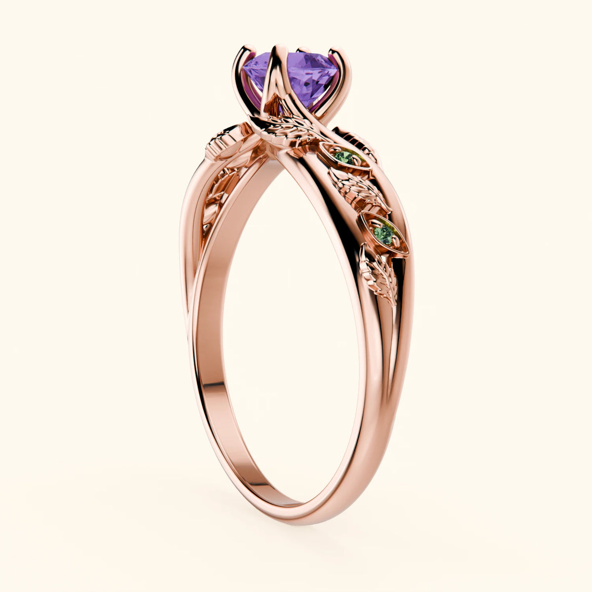 Engagement Ring Frêne - 0.38ct Amethyst with Lab Green Diamond Side Stones