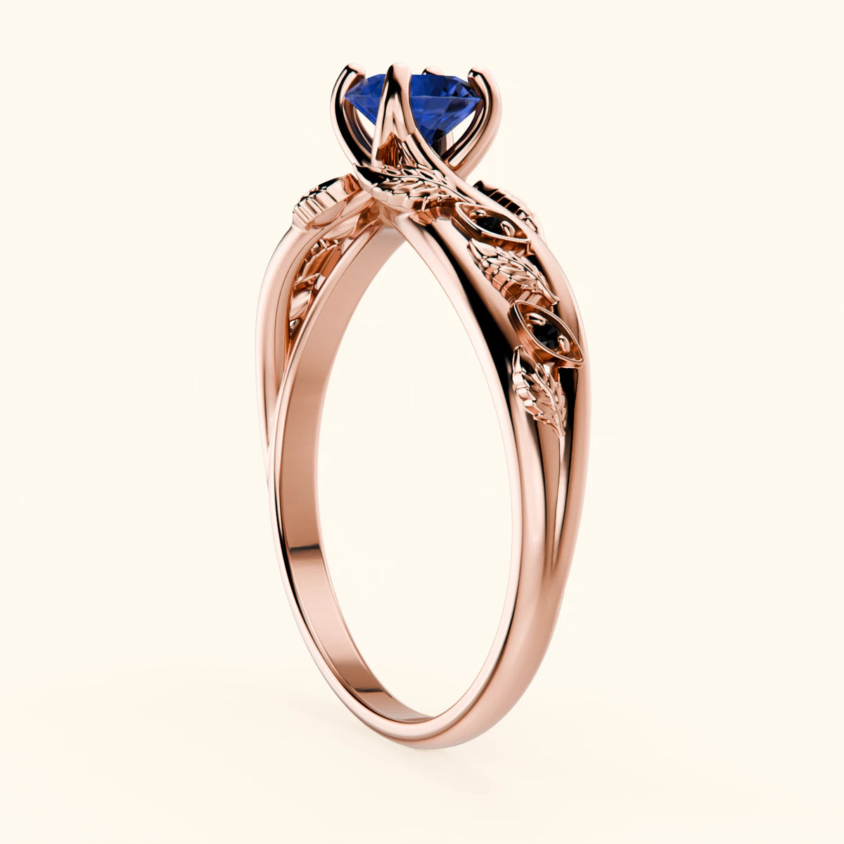 Engagement Ring Frêne - 0.60ct Natural Blue Sapphire with Black Diamond Side Stones