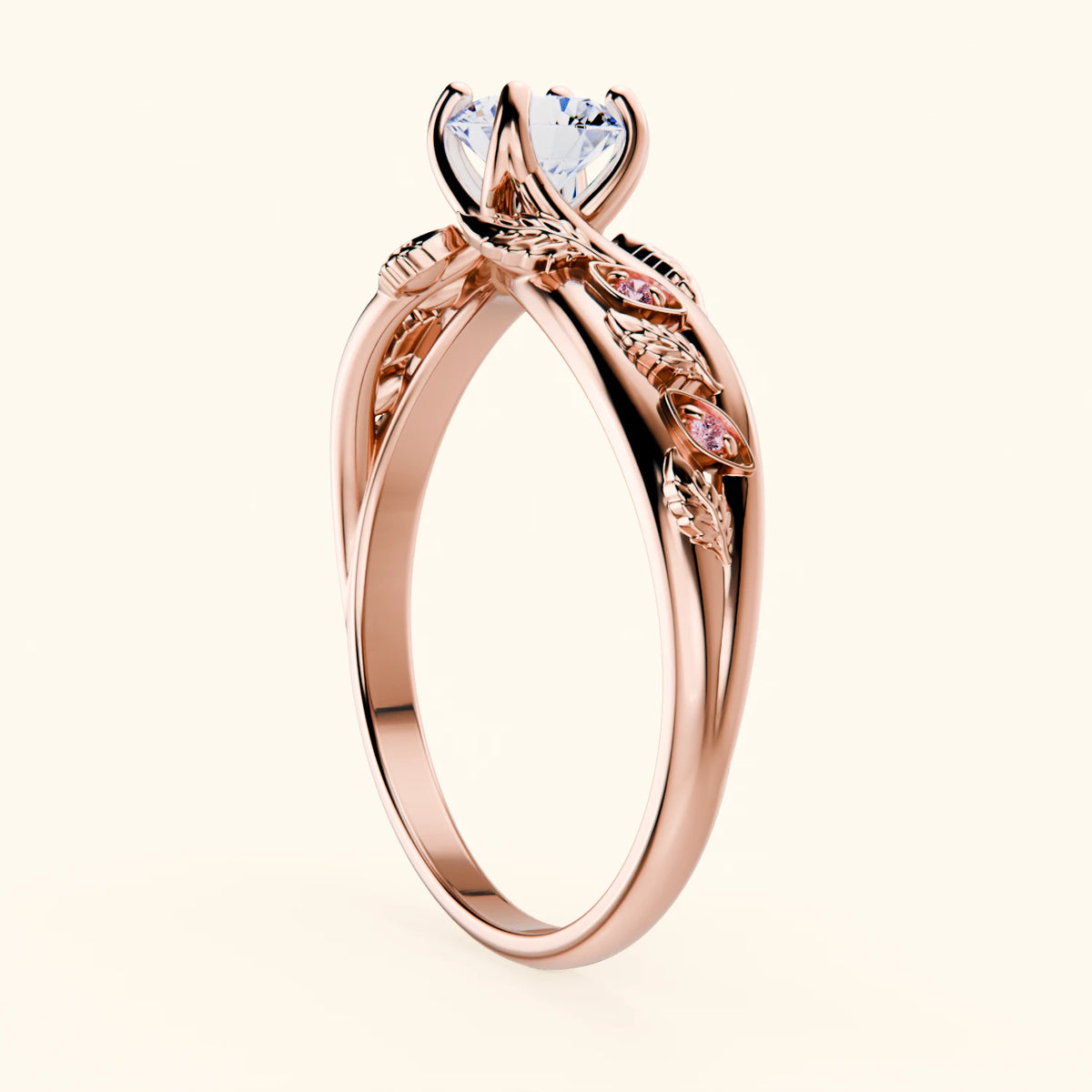 Engagement Ring Frêne - 0.5ct Natural Diamond with Lab Pink Diamond Side Stones