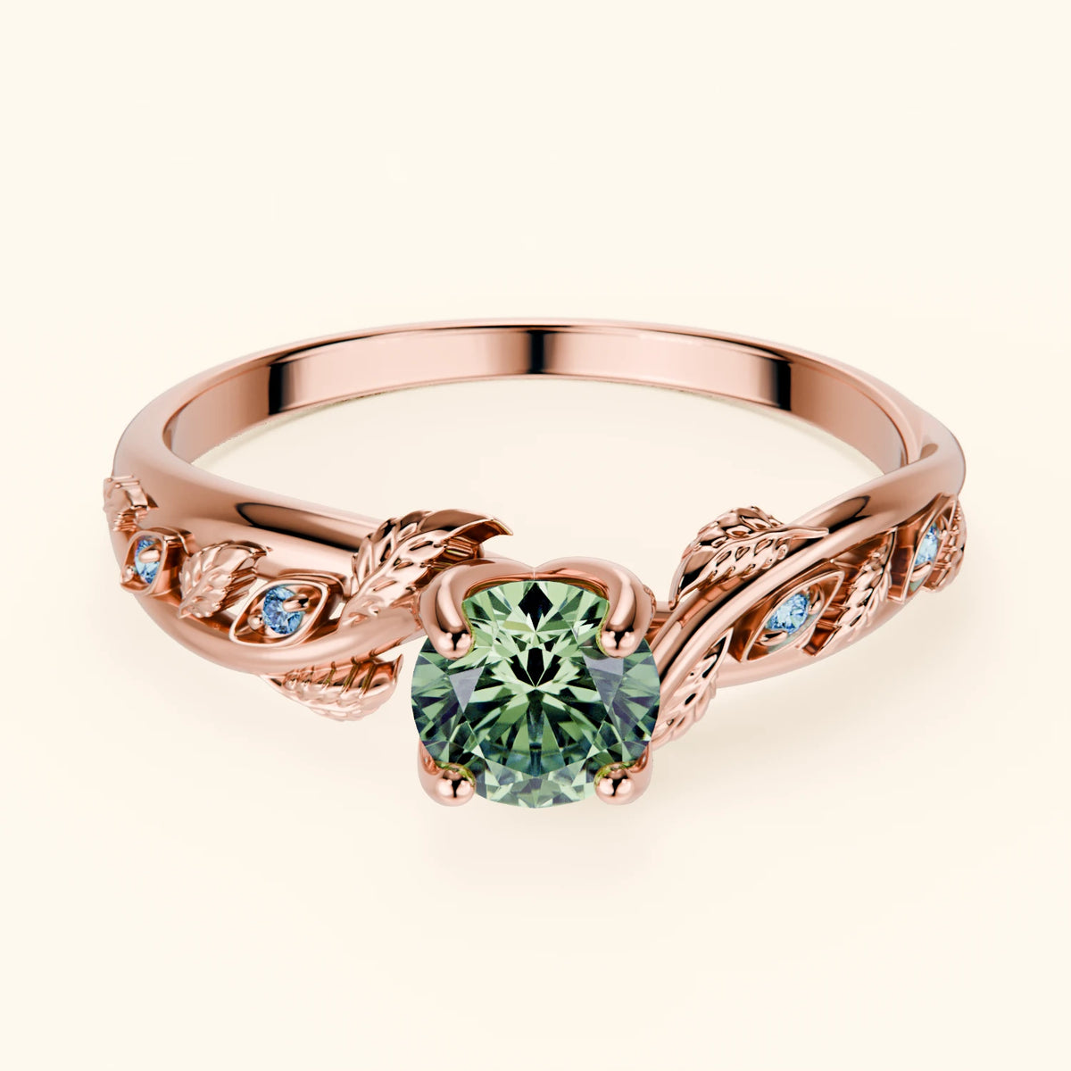 Engagement Ring Frêne - 0.5ct Lab Green Diamond with Lab Blue Diamond Side Stones