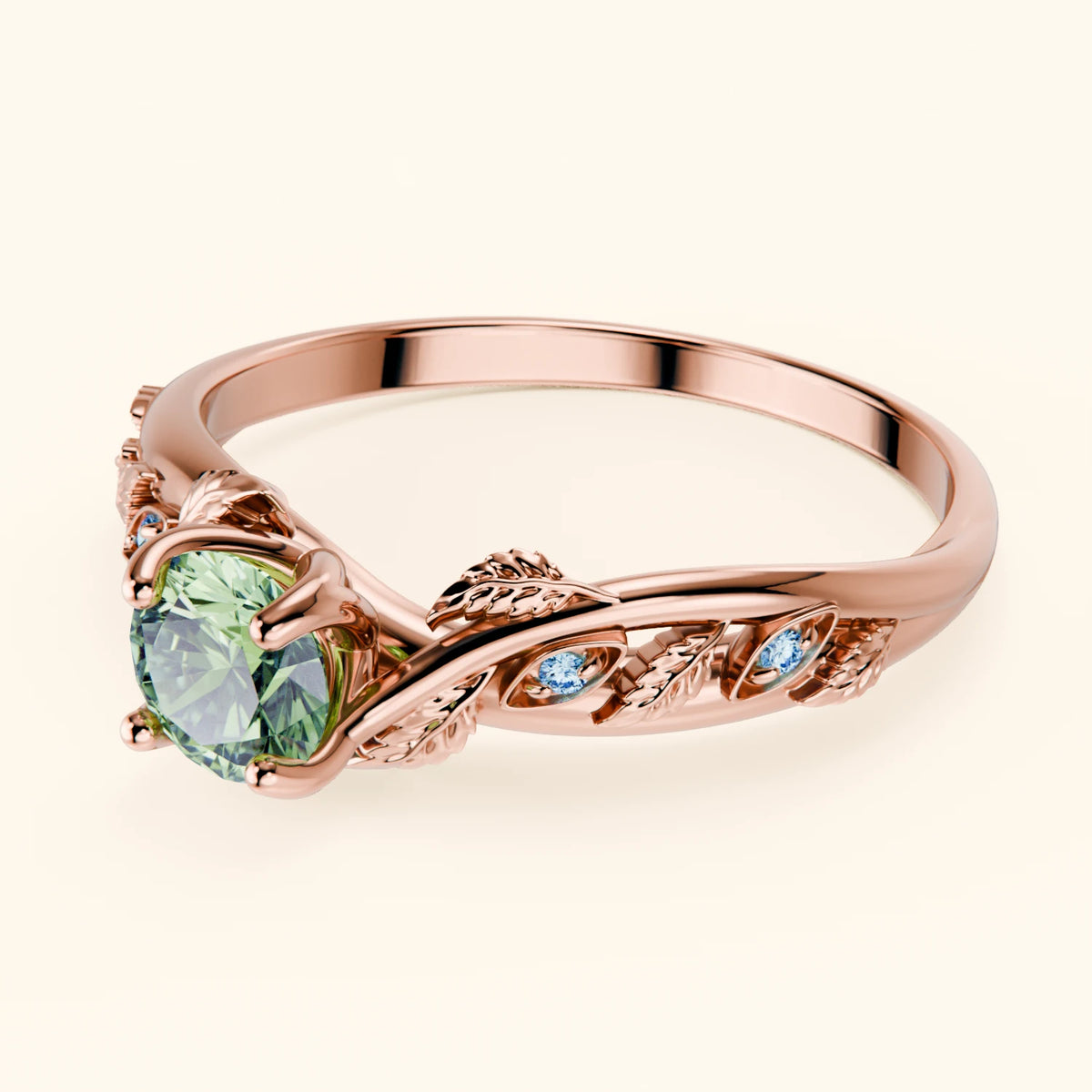 Engagement Ring Frêne - 0.5ct Lab Green Diamond with Lab Blue Diamond Side Stones