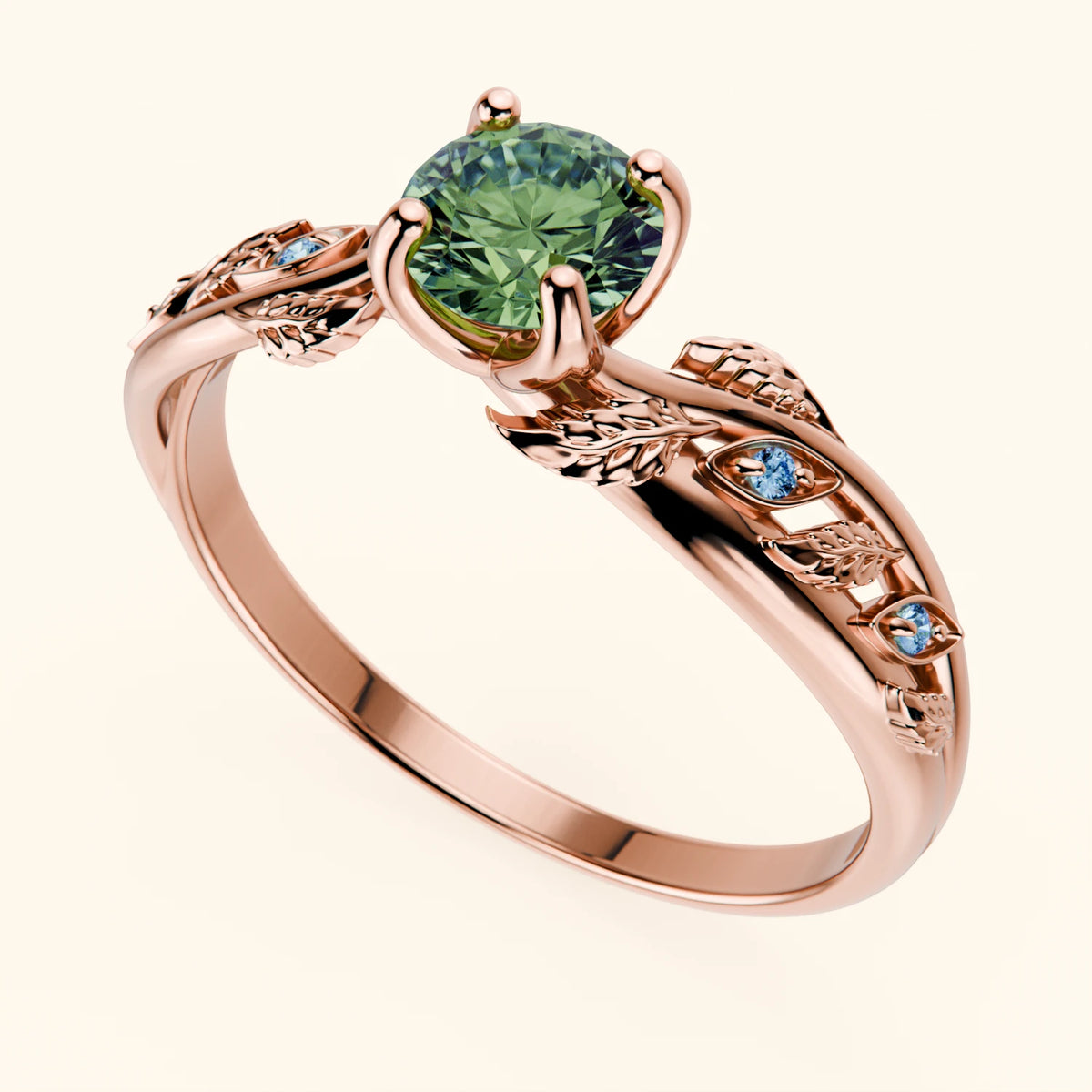 Engagement Ring Frêne - 0.5ct Lab Green Diamond with Lab Blue Diamond Side Stones