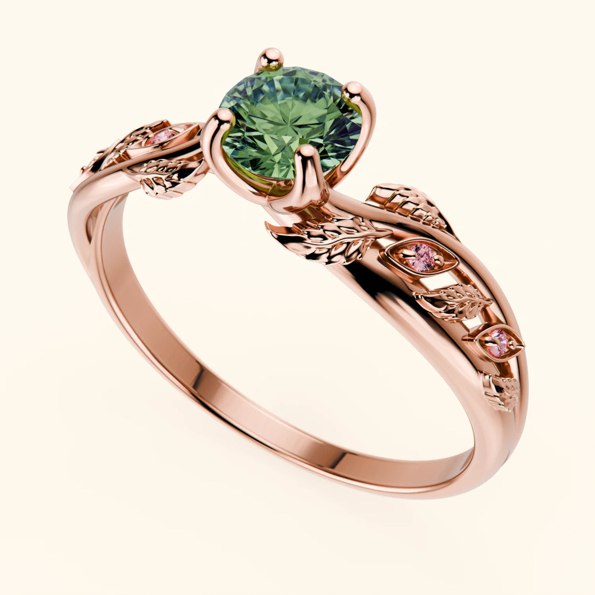 Engagement Ring Frêne - 0.5ct Lab Green Diamond with Lab Pink Diamond Side Stones