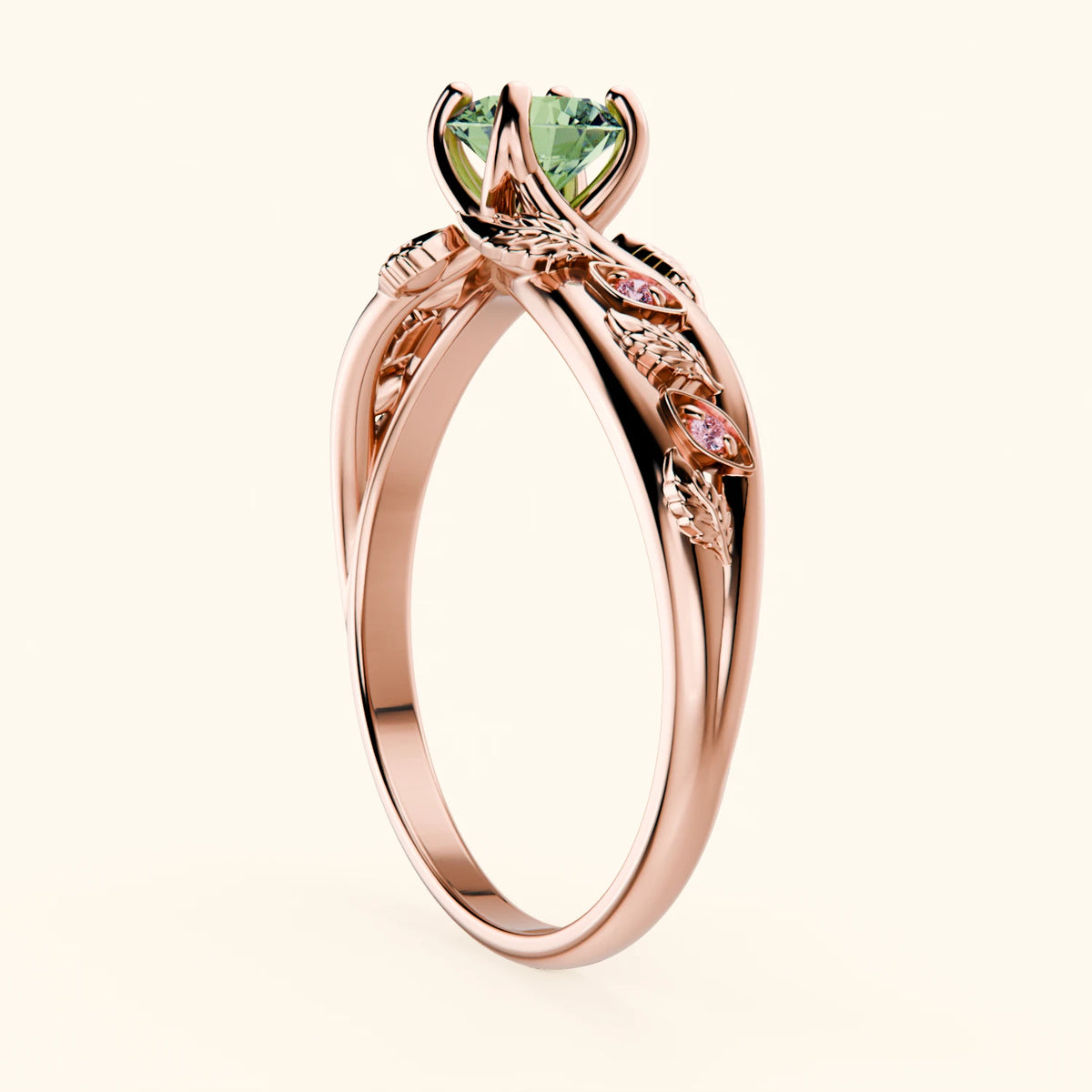 Engagement Ring Frêne - 0.5ct Lab Green Diamond with Lab Pink Diamond Side Stones