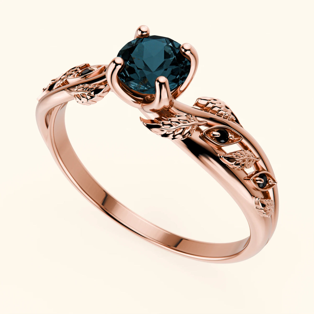 Pierścionek zaręczynowy Frêne – Topaz London Blue 0,50 ct, kamienie boczne: czarny diament