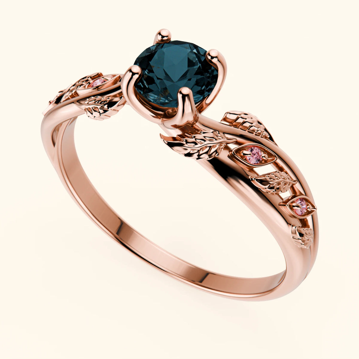 Engagement Ring Frêne - 0.50ct London Blue Topaz with Lab Pink Diamond Side Stones