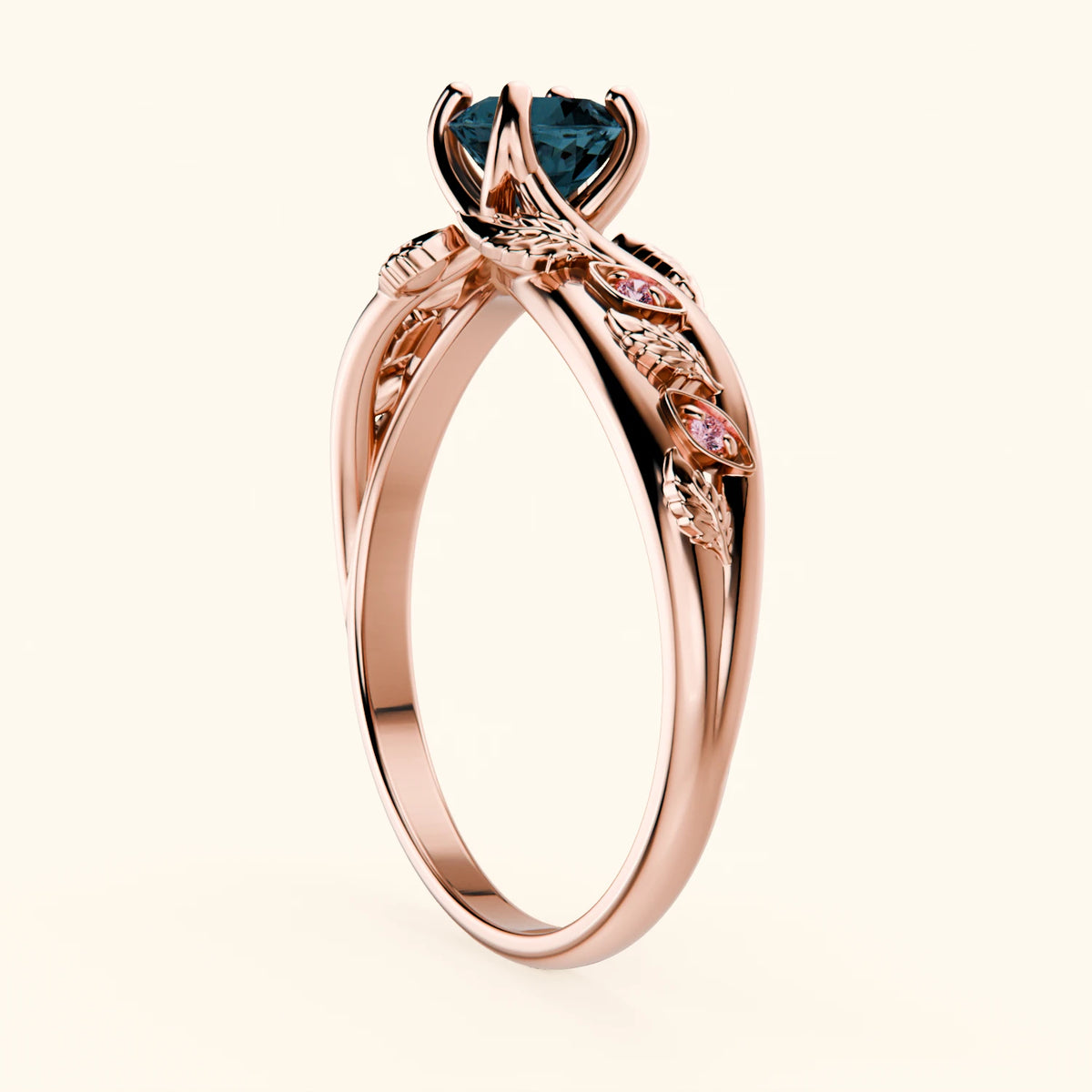 Engagement Ring Frêne - 0.50ct London Blue Topaz with Lab Pink Diamond Side Stones
