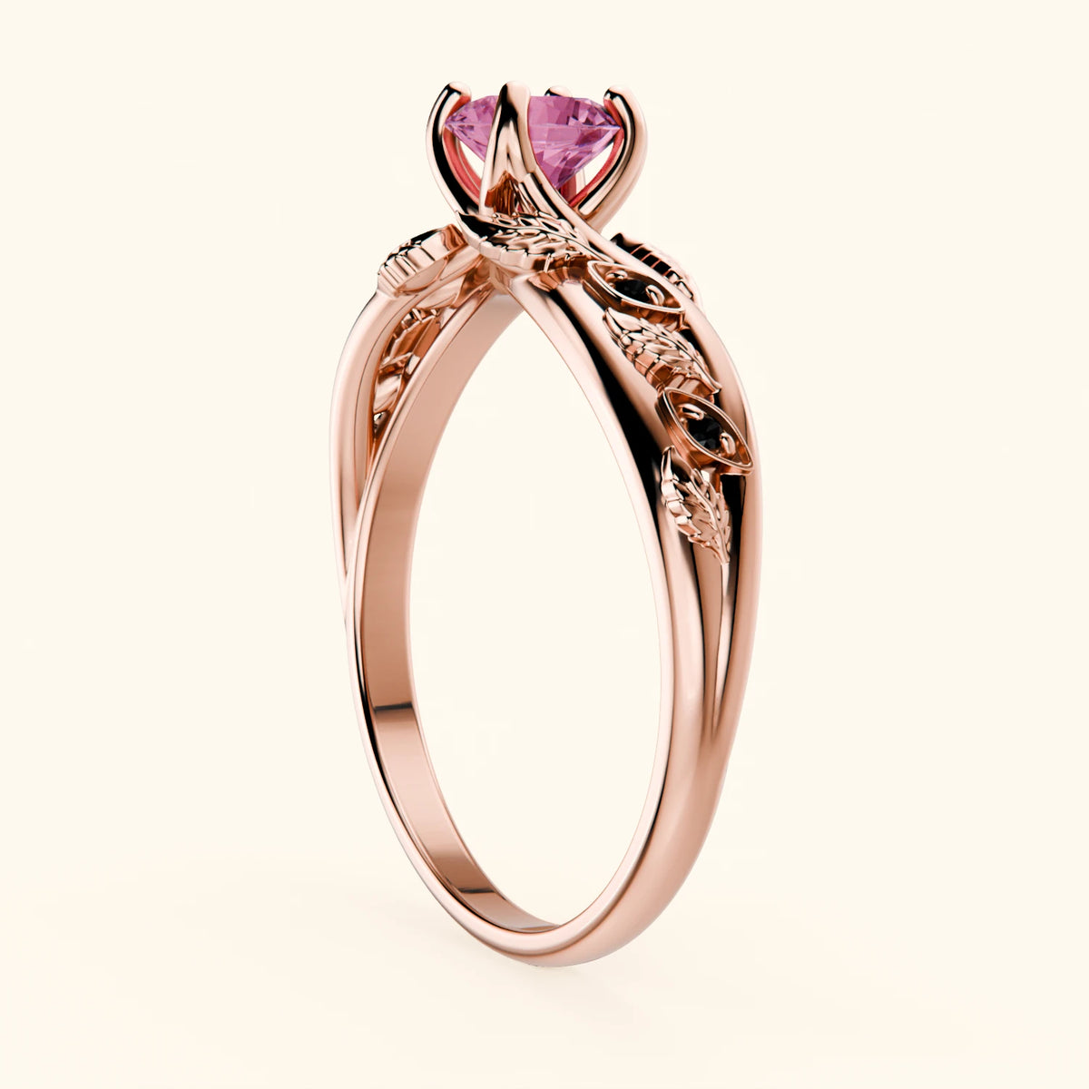 Engagement Ring Frêne - 0.60ct Natural Pink Sapphire with Black Diamond Side Stones