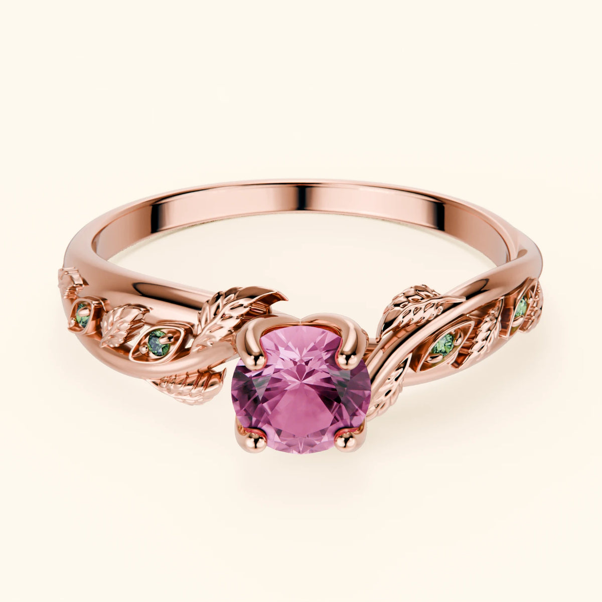 Engagement Ring Frêne - 0.60ct Natural Pink Sapphire with Lab Green Diamond Side Stones
