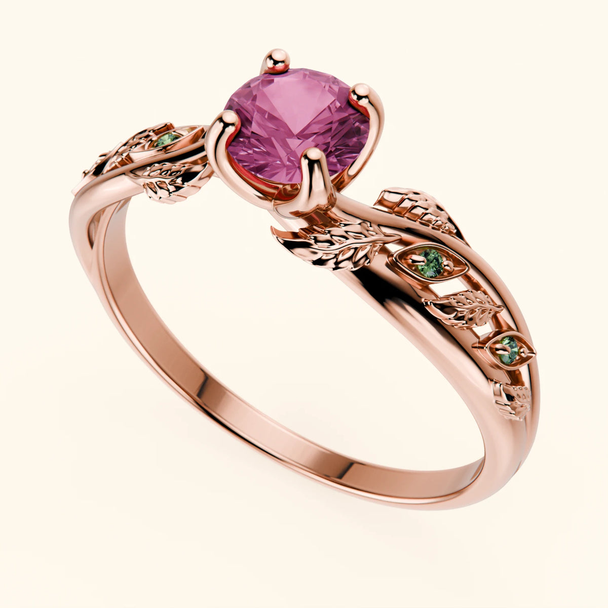 Engagement Ring Frêne - 0.60ct Natural Pink Sapphire with Lab Green Diamond Side Stones