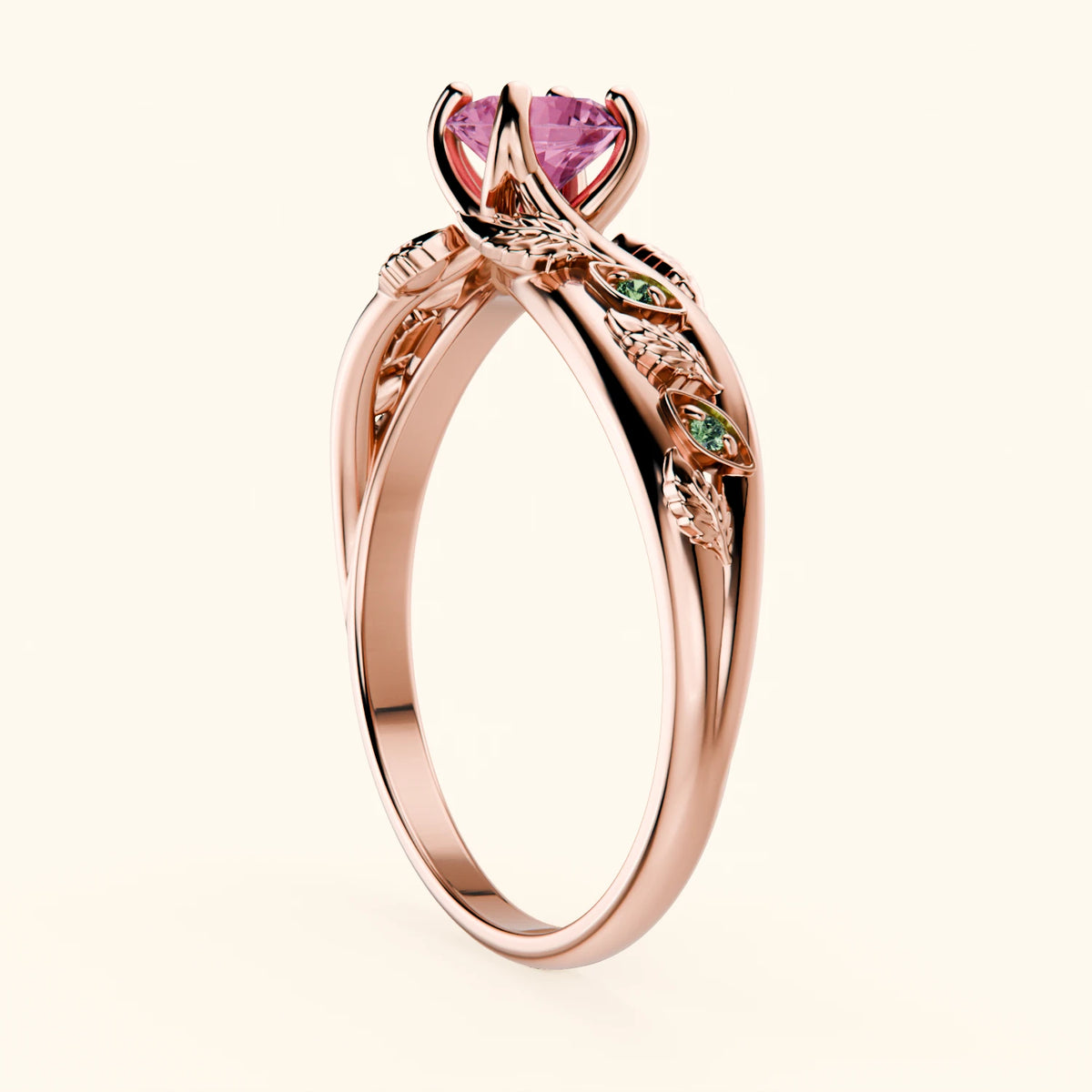 Engagement Ring Frêne - 0.60ct Natural Pink Sapphire with Lab Green Diamond Side Stones