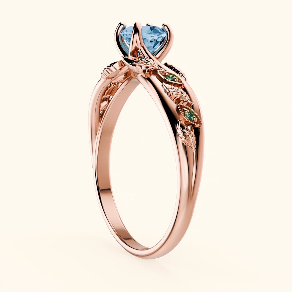 Engagement Ring Frêne - 0.50ct Swiss Blue Topaz with Lab Green Diamond Side Stones