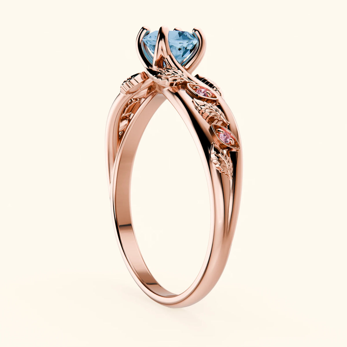 Engagement Ring Frêne - 0.50ct Swiss Blue Topaz with Lab Pink Diamond Side Stones