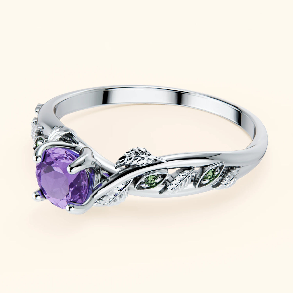 Engagement Ring Frêne - 0.38ct Amethyst with Lab Green Diamond Side Stones