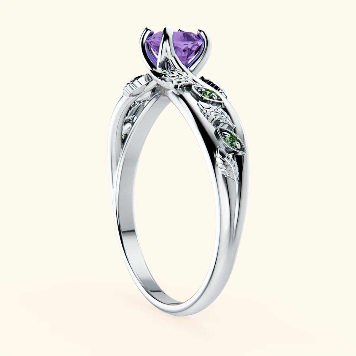 Engagement Ring Frêne - 0.38ct Amethyst with Lab Green Diamond Side Stones