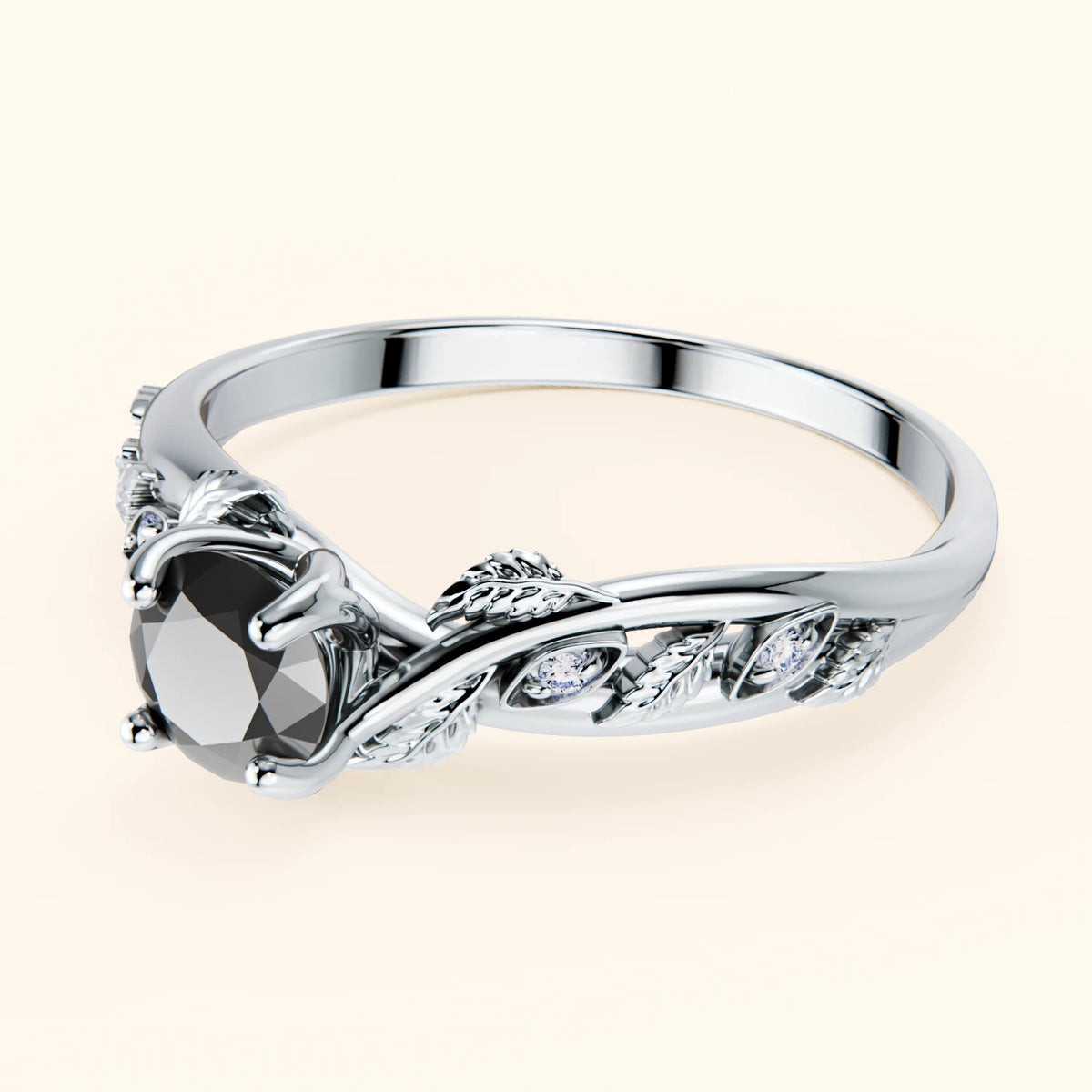 Engagement Ring Frêne - 0.5ct Black Diamond with Natural Diamond Side Stones