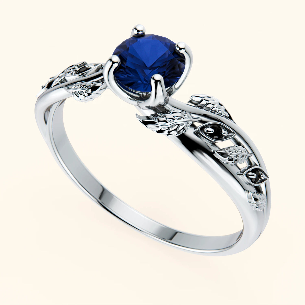 Engagement Ring Frêne - 0.60ct Natural Blue Sapphire with Black Diamond Side Stones