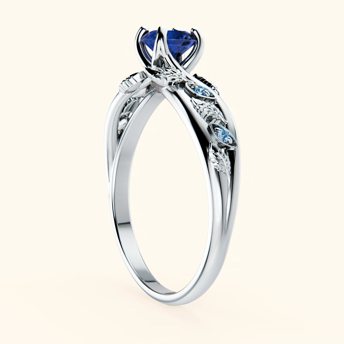 Engagement Ring Frêne - 0.60ct Lab Blue Sapphire with Lab Blue Diamond Side Stones