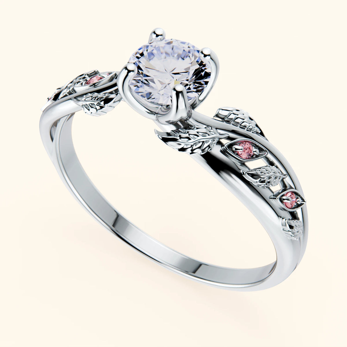 Engagement Ring Frêne - 0.5ct Natural Diamond with Lab Pink Diamond Side Stones