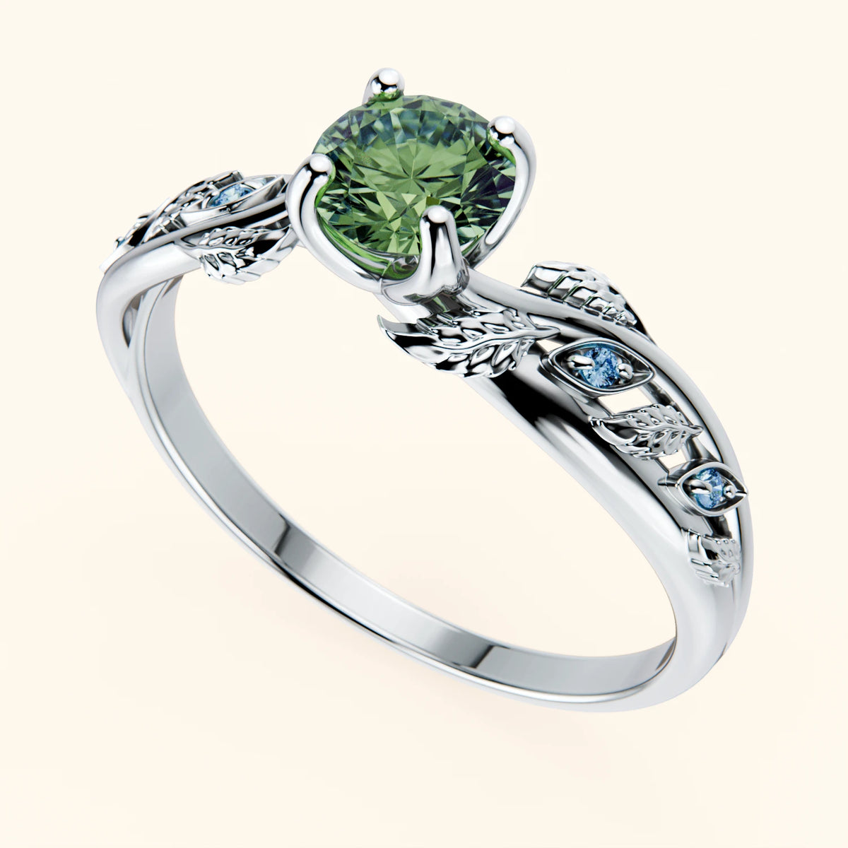 Engagement Ring Frêne - 0.5ct Lab Green Diamond with Lab Blue Diamond Side Stones