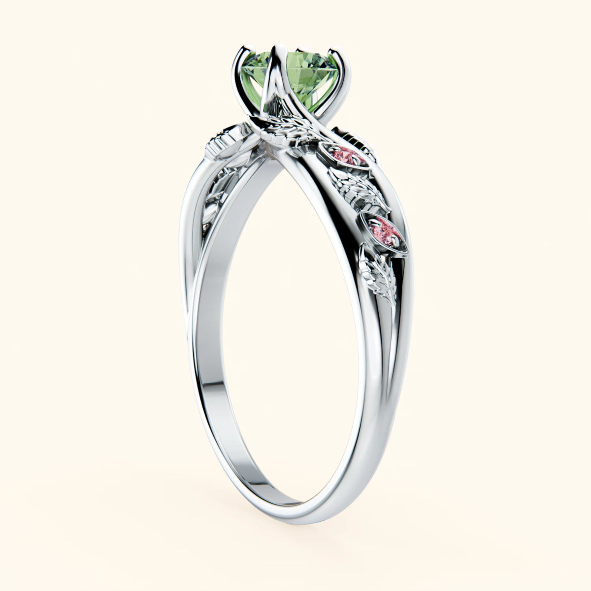 Engagement Ring Frêne - 0.5ct Lab Green Diamond with Lab Pink Diamond Side Stones
