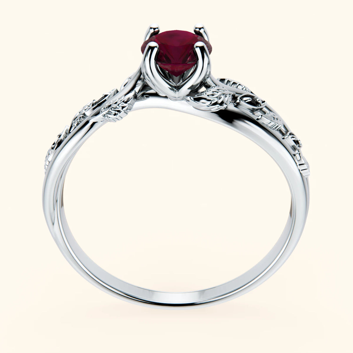 Pierścionek zaręczynowy Frêne – Rubin laboratoryjny 0,60 ct, kamienie boczne: czarny diament