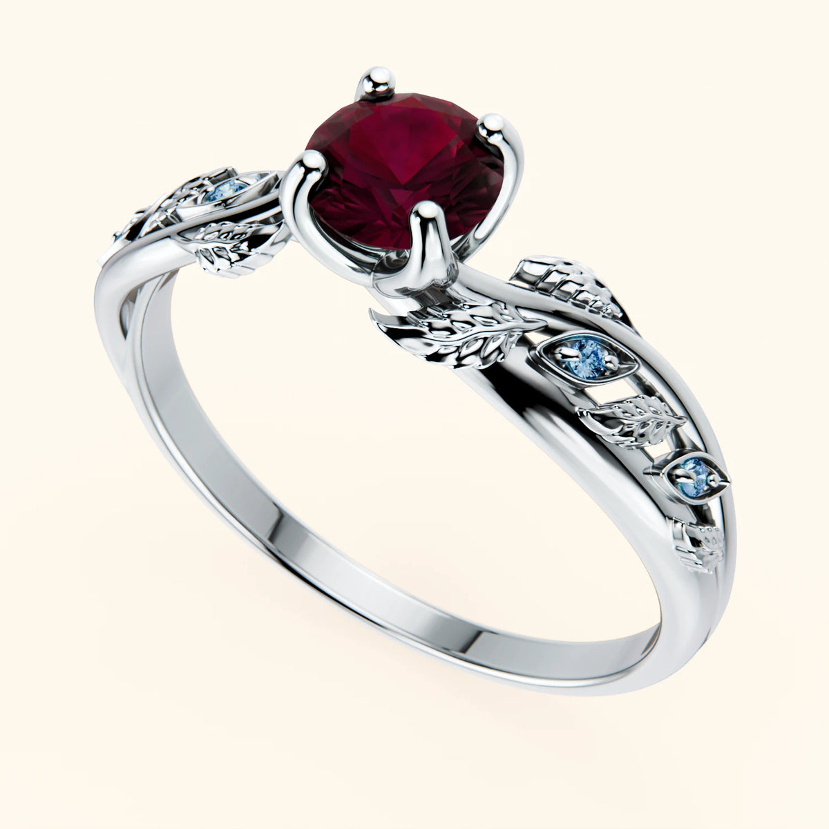 Engagement Ring Frêne - 0.60ct Lab Ruby with Lab Blue Diamond Side Stones