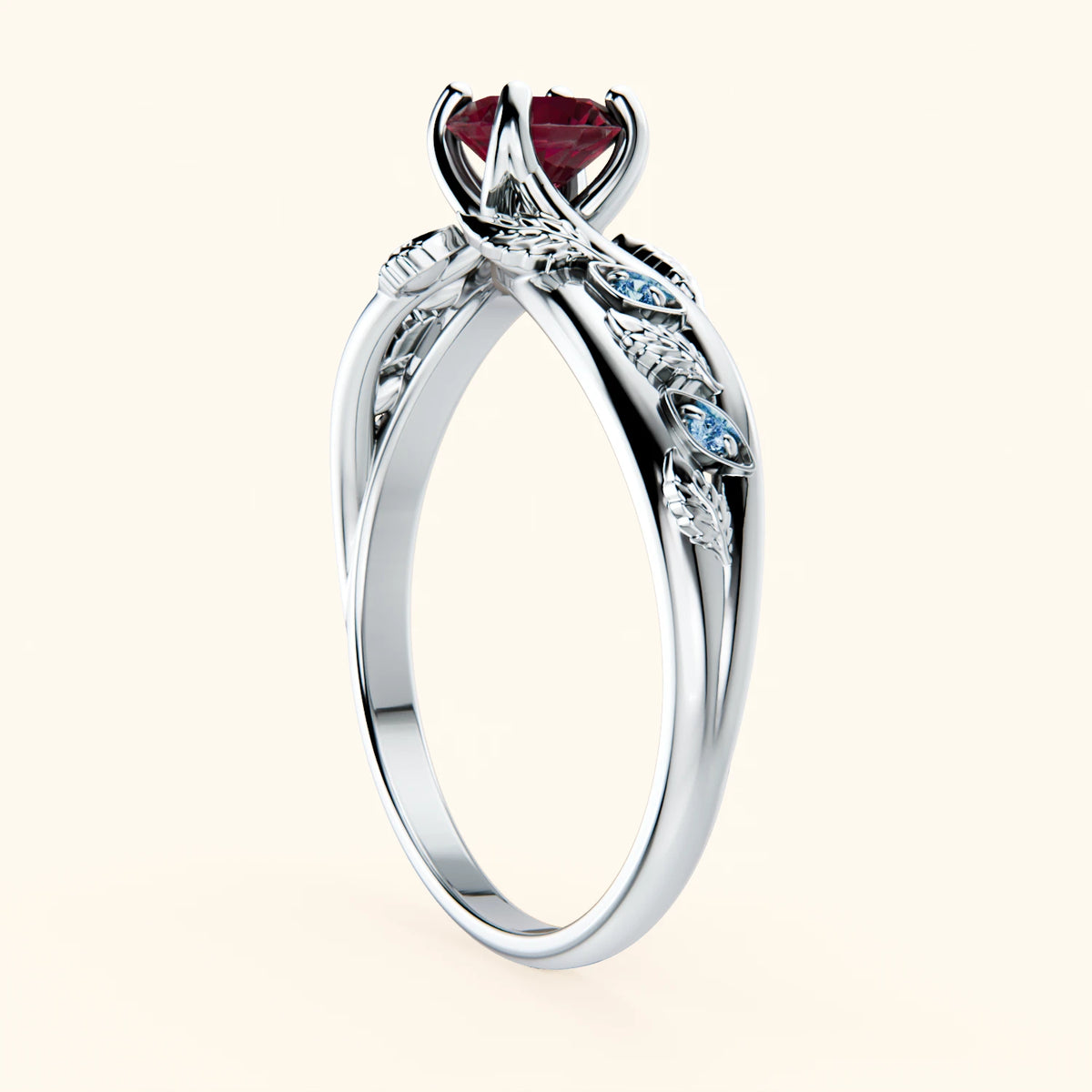 Engagement Ring Frêne - 0.60ct Lab Ruby with Lab Blue Diamond Side Stones