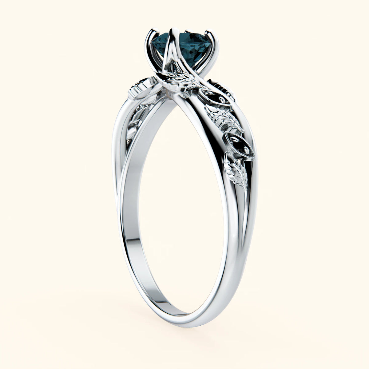 Pierścionek zaręczynowy Frêne – Topaz London Blue 0,50 ct, kamienie boczne: czarny diament
