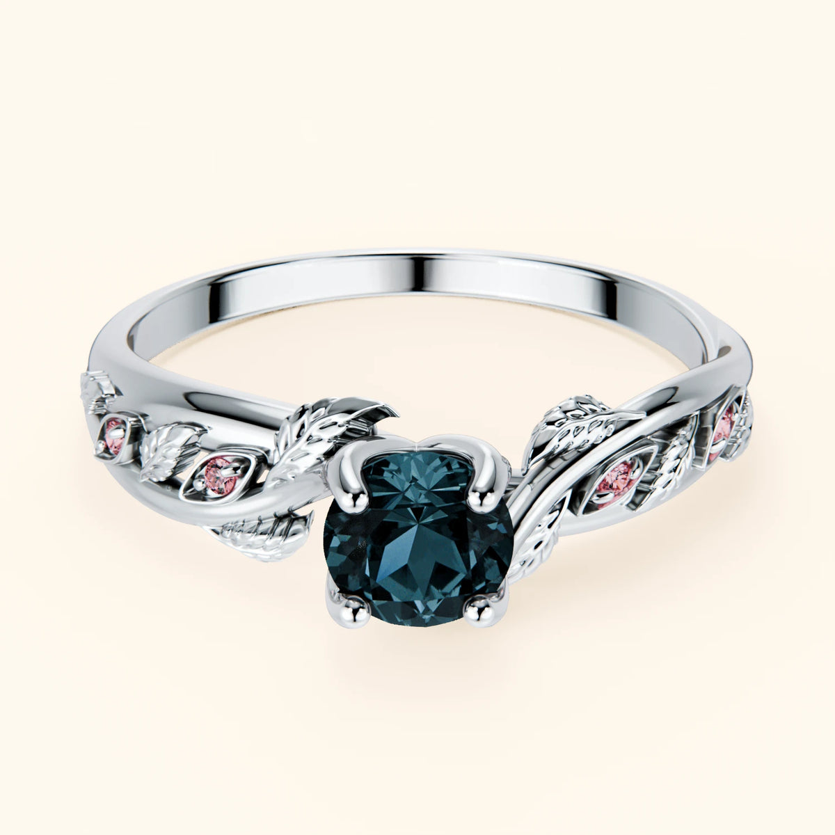 Engagement Ring Frêne - 0.50ct London Blue Topaz with Lab Pink Diamond Side Stones