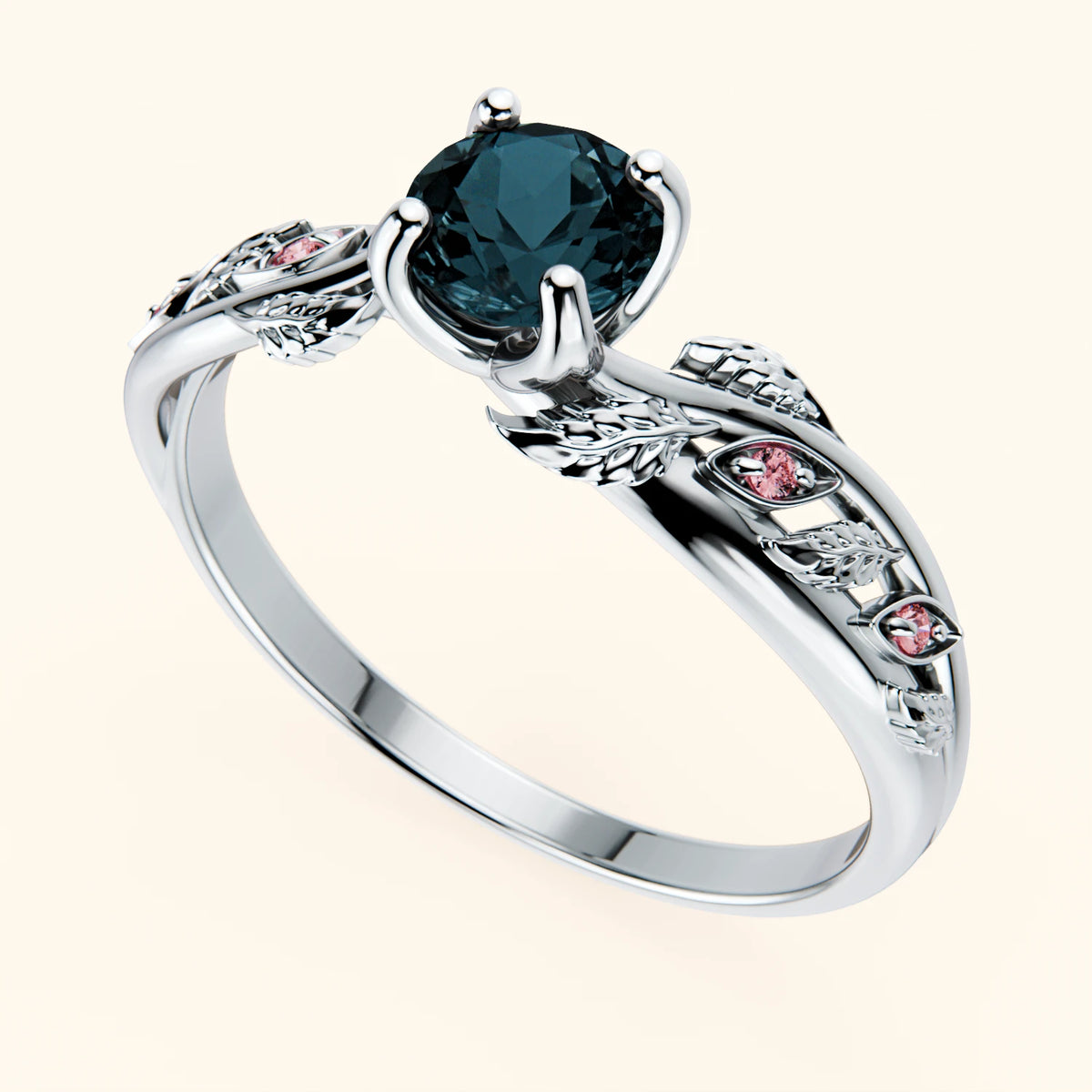Engagement Ring Frêne - 0.50ct London Blue Topaz with Lab Pink Diamond Side Stones
