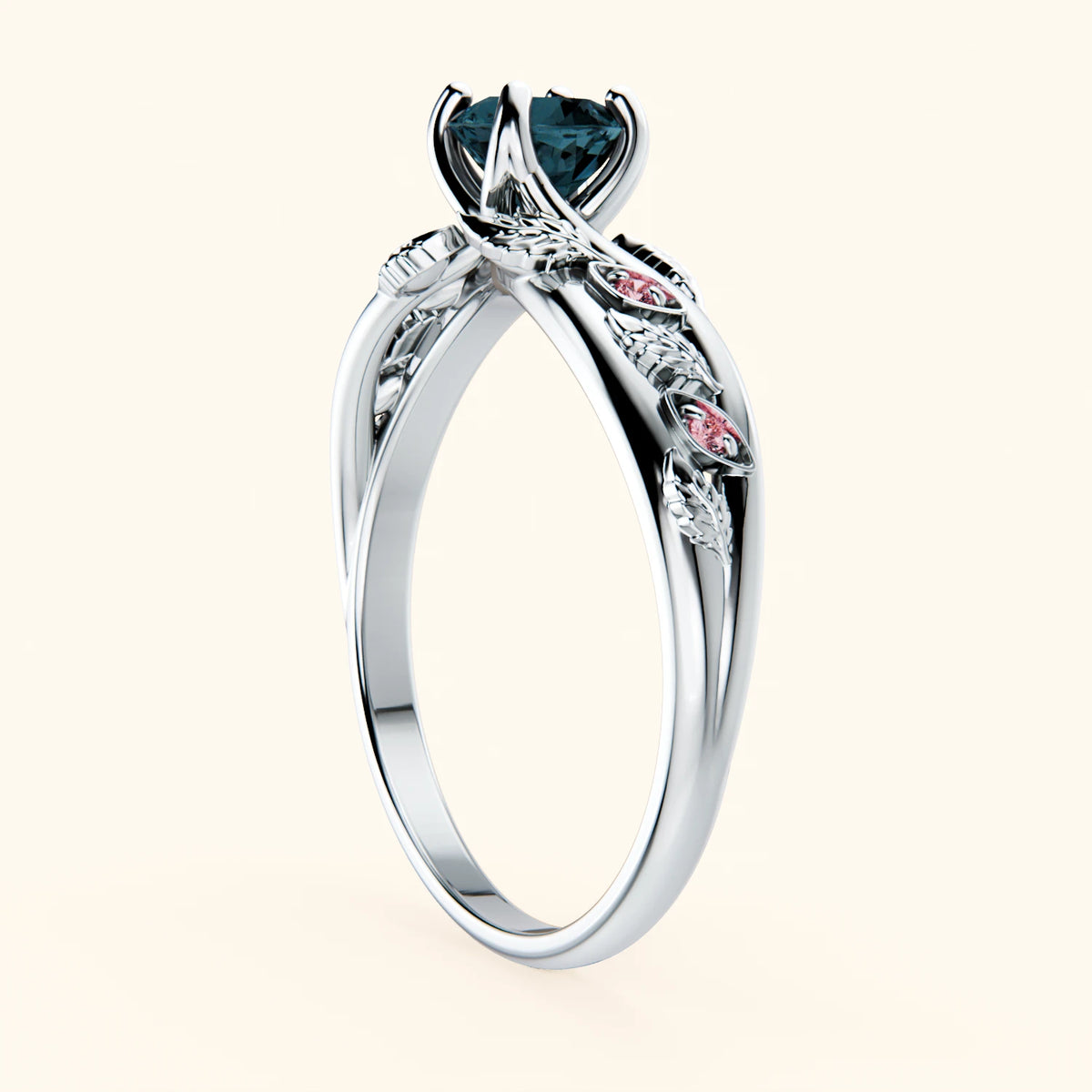 Engagement Ring Frêne - 0.50ct London Blue Topaz with Lab Pink Diamond Side Stones
